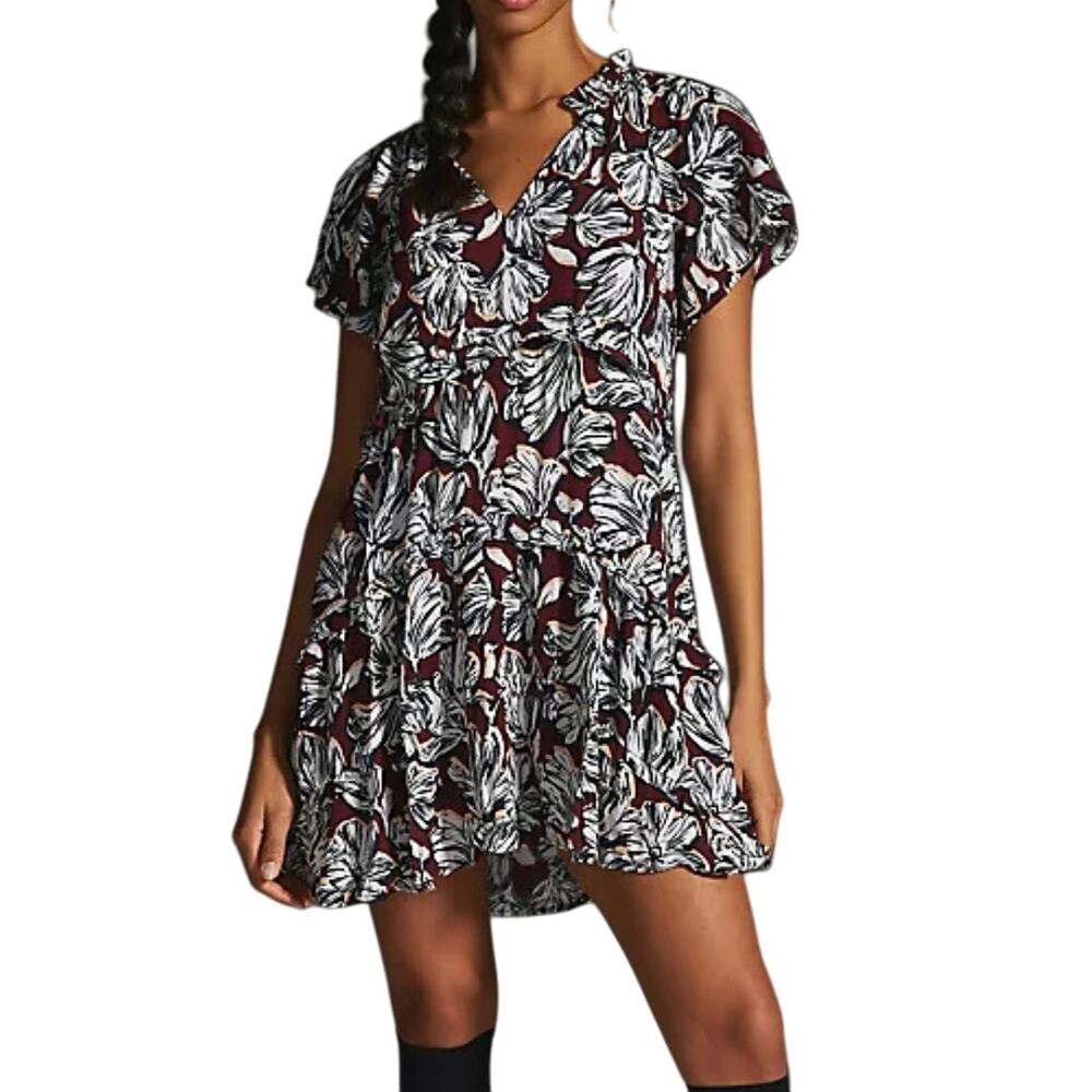 By Anthropologie XXS Robin Tiered Maroon Floral Ruffle V-neck Cute Mini Dress
